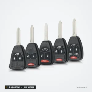 Coque de télécommande 2 à 6 boutons pour Jeep Wrangler, Dodge Ram, lame vierge - cinq télécommandes alignées côte à côte Coque de télécommande 2 à 6 boutons pour Jeep Wrangler, Dodge Ram, lame vierge - cinq télécommandes alignées côte à côte