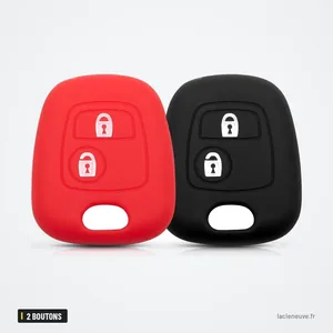 Coque de télécommande 2 boutons pour Citroën C1, C3, Peugeot 206, 307 - coque rouge et noire côte à côte, vue de face Coque de télécommande 2 boutons pour Citroën C1, C3, Peugeot 206, 307 - coque rouge et noire côte à côte, vue de face