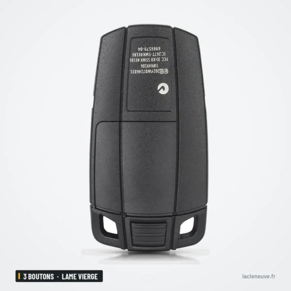 Coque de télécommande 3 boutons pour BMW Série 1, 3, 5, 6, lame vierge - vue de dos avec texte imprimé