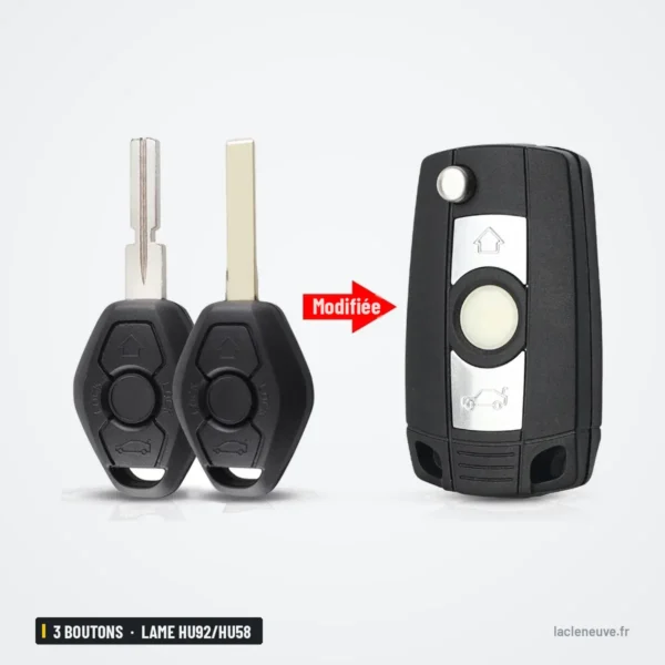Coque de télécommande 3 boutons pour BMW Série 3, 5, X5, lame HU92/HU58 - comparaison clé à lame et télécommande pliable