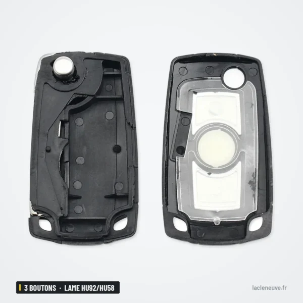 Coque de télécommande 3 boutons pour BMW Série 3, 5, X5, lame HU92/HU58 - intérieur de la coque ouverte en deux parties
