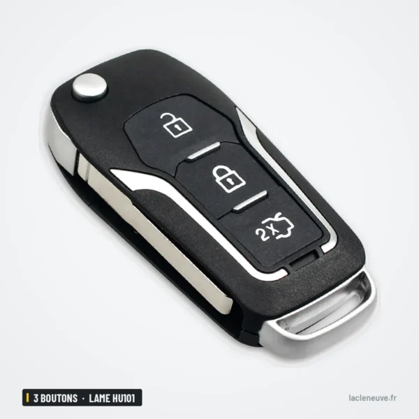 Coque de télécommande 3 boutons pour Ford Focus, Fiesta, Mondeo, lame HU101 - coque pliante ouverte, finition chromée