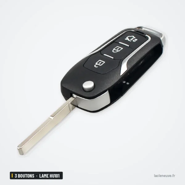 Coque de télécommande 3 boutons pour Ford Focus, Fiesta, Mondeo, lame HU101 - lame dépliée, bordure chromée visible