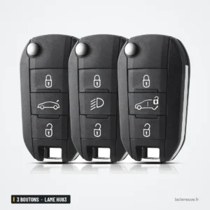 Coque de télécommande 3 boutons pour Peugeot 208, 308, 508, lame HU83 ou VA2 - trois coques identiques alignées