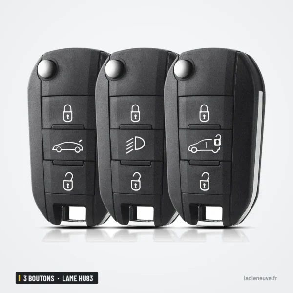 Coque de télécommande 3 boutons pour Peugeot 208, 308, 508, lame HU83 ou VA2 - trois coques identiques alignées