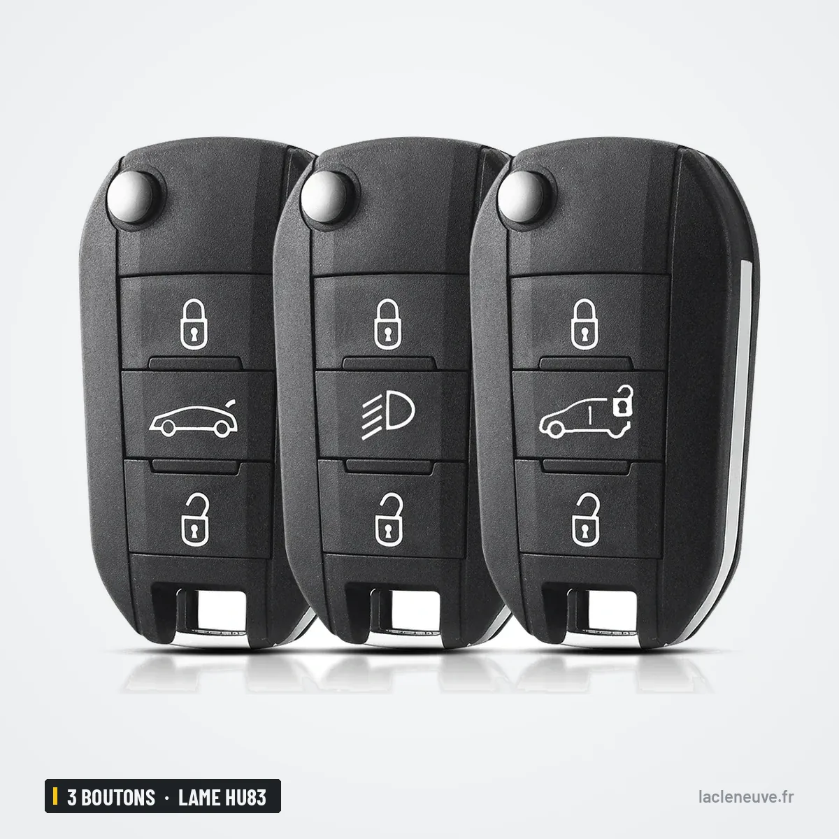 Coque de télécommande 3 boutons pour Peugeot 208, 308, 508, lame HU83 ou VA2 - trois coques identiques alignées