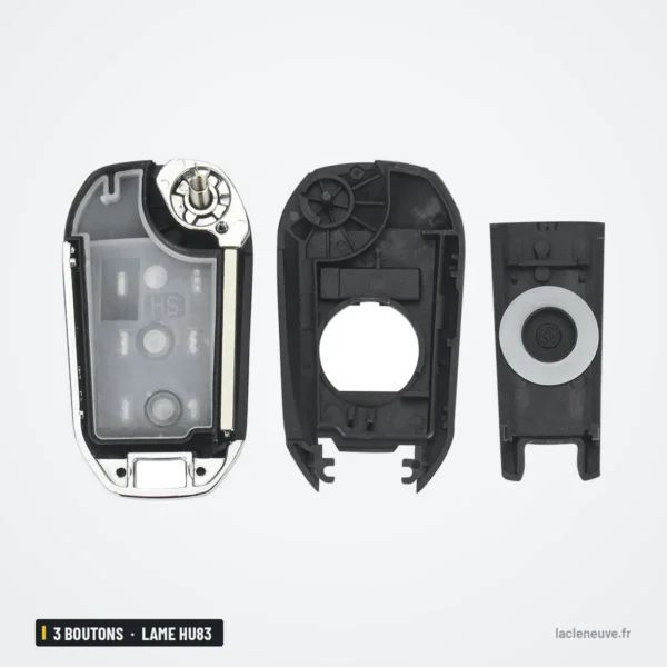 Coque de télécommande 3 boutons pour Peugeot 208, 308, 508, lame HU83 ou VA2 - coque démontée en trois pièces