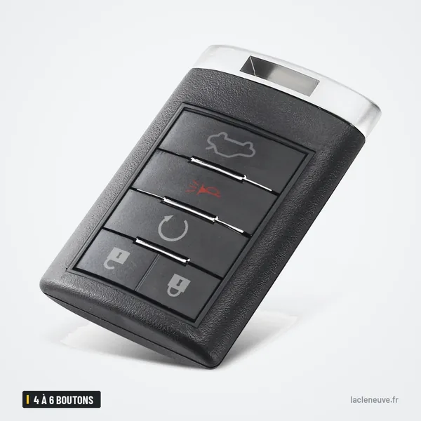 Coque de télécommande 4 à 6 boutons pour Cadillac CTS, SRX, Escalade, DTS - vue de trois quarts, légèrement inclinée