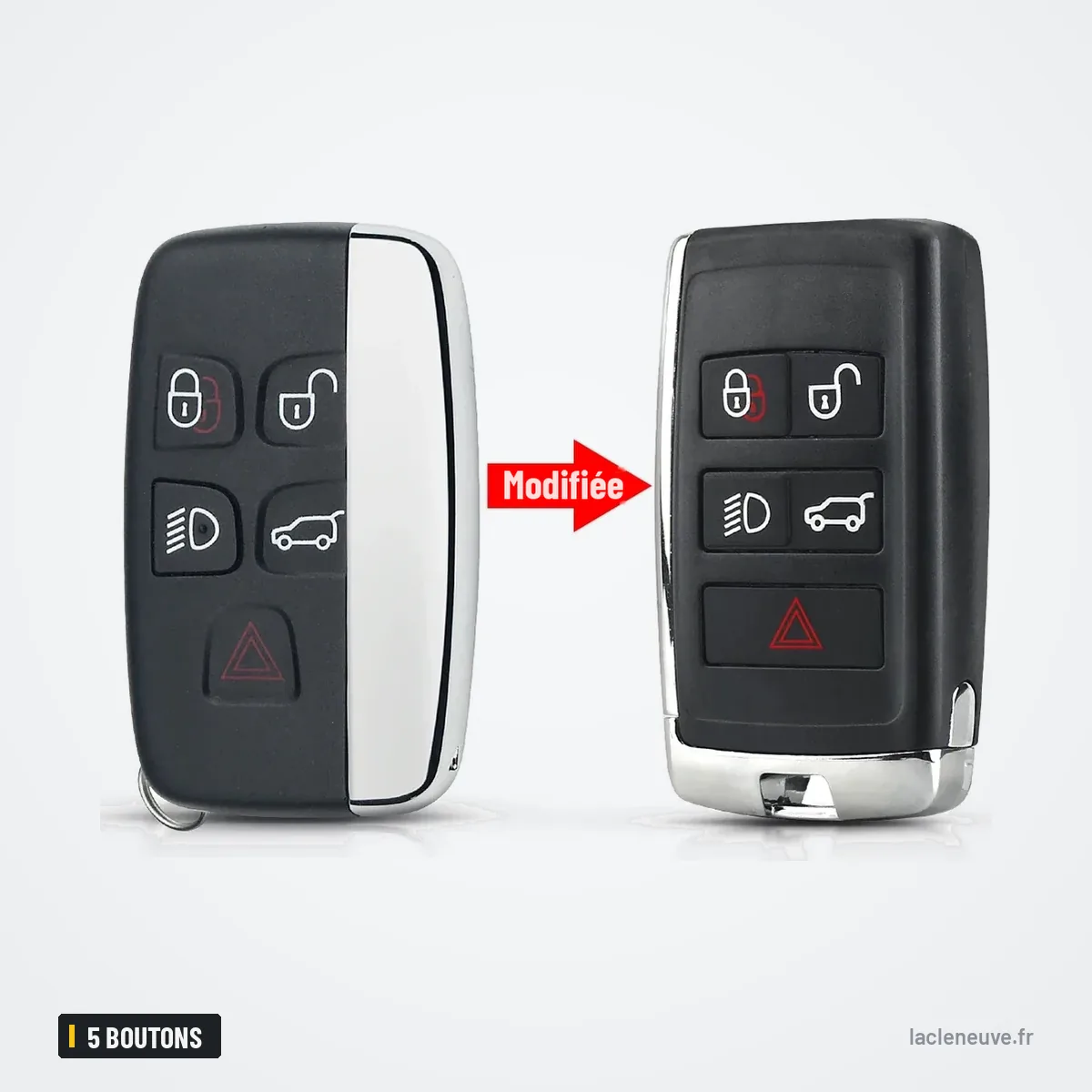 Coque de télécommande 5 boutons pour Land Rover Range Rover, Jaguar XE, XF - comparaison avant et après transformation Coque de télécommande 5 boutons pour Land Rover Range Rover, Jaguar XE, XF - comparaison avant et après transformation