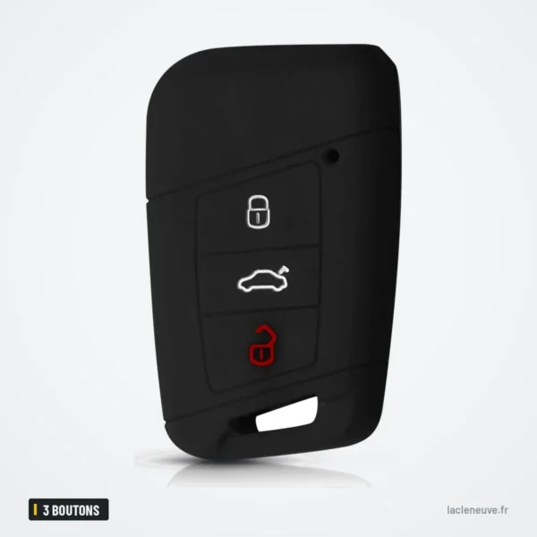 Étui silicone de clé 3 boutons pour Volkswagen Passat B8, Skoda Superb - étui silicone noir, vue de trois quarts