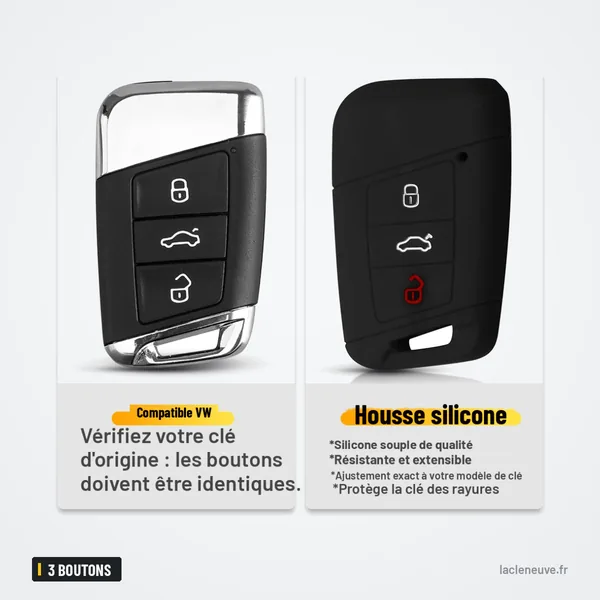 Étui silicone de clé 3 boutons pour Volkswagen Passat B8, Skoda Superb - comparaison clé d'origine et housse silicone noire
