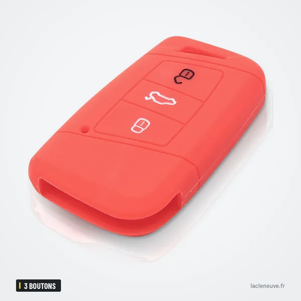 Étui silicone de clé 3 boutons pour Volkswagen Passat B8, Skoda Superb - étui silicone rouge, vue de trois quarts