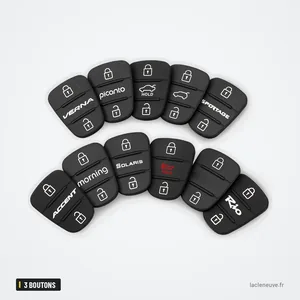 Pavé de boutons en caoutchouc 3 boutons pour Hyundai i30, Kia Rio - pavés de boutons empilés avec noms de modèles imprimés Pavé de boutons en caoutchouc 3 boutons pour Hyundai i30, Kia Rio - pavés de boutons empilés avec noms de modèles imprimés