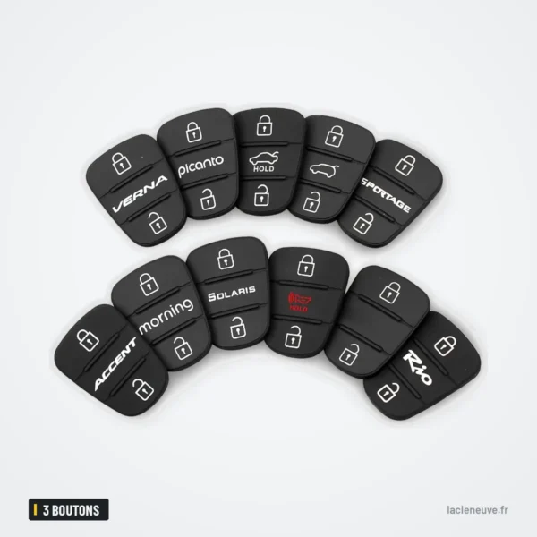 Pavé de boutons en caoutchouc 3 boutons pour Hyundai i30, Kia Rio - pavés de boutons empilés avec noms de modèles imprimés